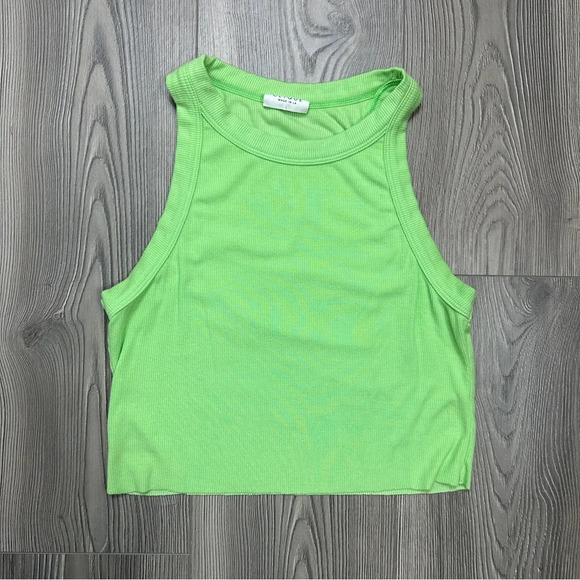 CLYQUE Bright Green Ribbed Cropped Tank Top with Raw Hem - Picture 1 of 3